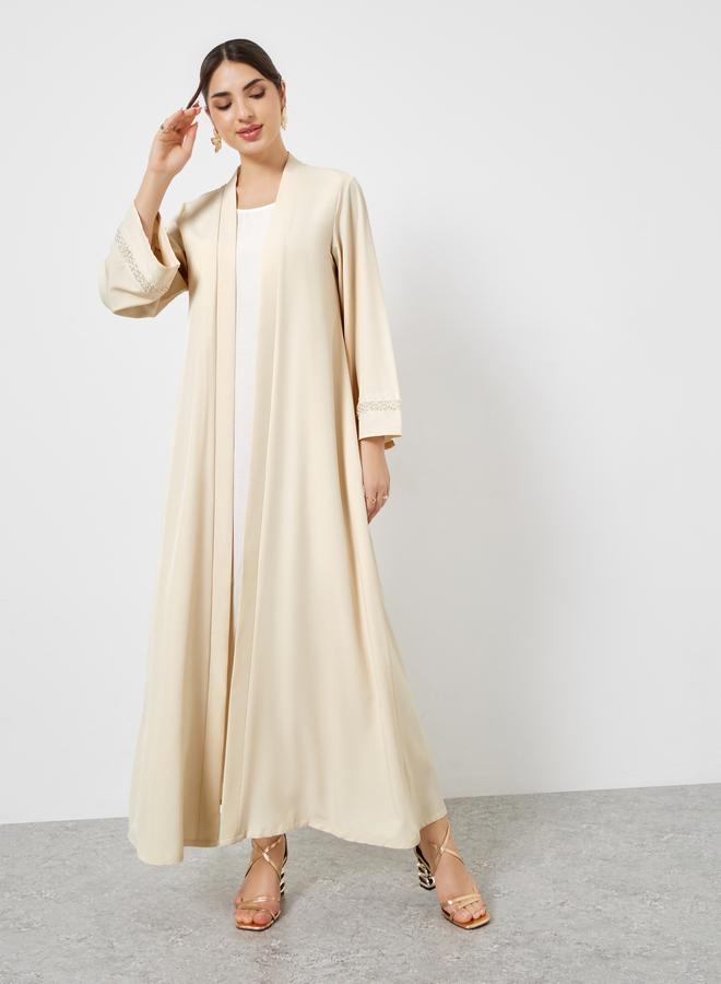 Styli Beige Embellished Open Abaya - Image 2
