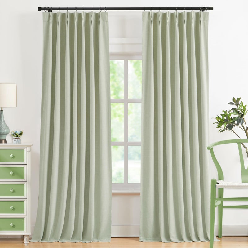 WEST LAKE 90 Inch Soft Green Pinch Pleated Full Blackout Curtain Panels for Bedroom,French Pleat Linen Blend Drapes,Modern Window Treatment,Back Tabs Hooks,40" Wx90 L(Pack of 2) - Image 1