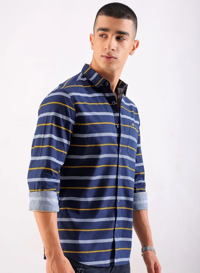 ذا انديان كراج كو Men Regular Fit Striped Full Sleeves Cutaway Collar Casual Shirt