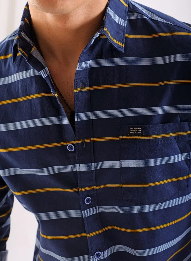 ذا انديان كراج كو Men Regular Fit Striped Full Sleeves Cutaway Collar Casual Shirt
