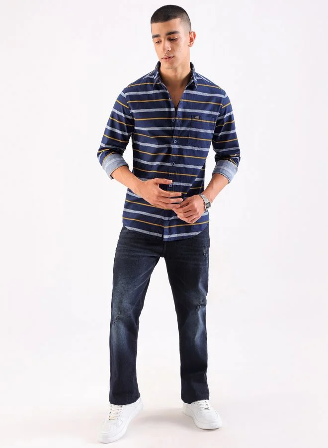 ذا انديان كراج كو Men Regular Fit Striped Full Sleeves Cutaway Collar Casual Shirt