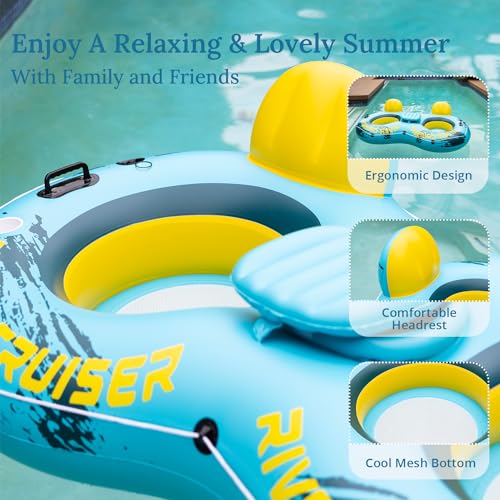Sunrio 2025 New & Upgrade 2 Person Double River Tubes for Floating Heavy Duty Inflatable Floating Lounger Premium Water Rafts Pool Float Above Lake and River for Adults (Green-Yellow) - Image 3