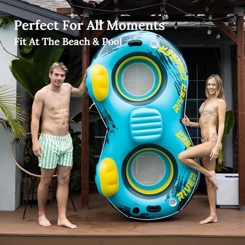 Sunrio 2025 New & Upgrade 2 Person Double River Tubes for Floating Heavy Duty Inflatable Floating Lounger Premium Water Rafts Pool Float Above Lake and River for Adults (Green-Yellow) - Image 4