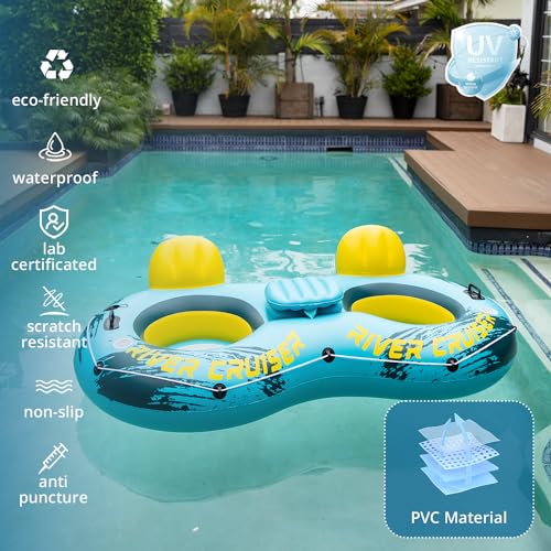 Sunrio 2025 New & Upgrade 2 Person Double River Tubes for Floating Heavy Duty Inflatable Floating Lounger Premium Water Rafts Pool Float Above Lake and River for Adults (Green-Yellow) - Image 5