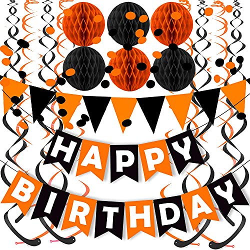 Fecedy Black Orange Happy Birthday Banner Paper Triangle Flag Bunting Circle Confetti Dots Hanging Garland and Honeycomb Ball Swirl Streamers for Birthday Baby Shower Halloween Party Decoration - Image 1