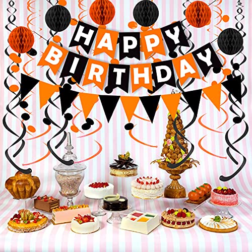 Fecedy Black Orange Happy Birthday Banner Paper Triangle Flag Bunting Circle Confetti Dots Hanging Garland and Honeycomb Ball Swirl Streamers for Birthday Baby Shower Halloween Party Decoration - Image 3