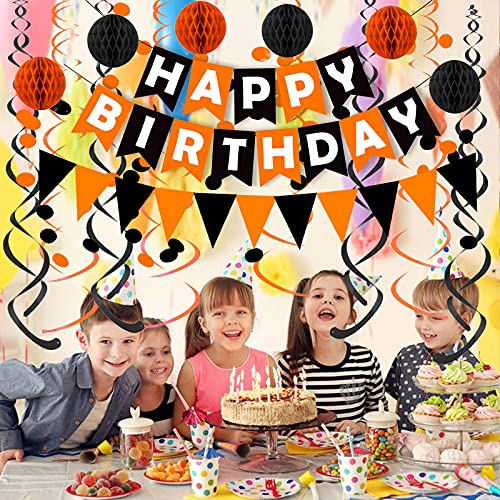 Fecedy Black Orange Happy Birthday Banner Paper Triangle Flag Bunting Circle Confetti Dots Hanging Garland and Honeycomb Ball Swirl Streamers for Birthday Baby Shower Halloween Party Decoration - Image 4