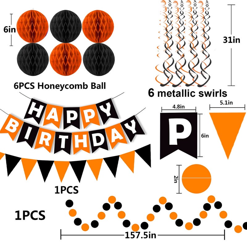 Fecedy Black Orange Happy Birthday Banner Paper Triangle Flag Bunting Circle Confetti Dots Hanging Garland and Honeycomb Ball Swirl Streamers for Birthday Baby Shower Halloween Party Decoration - Image 2