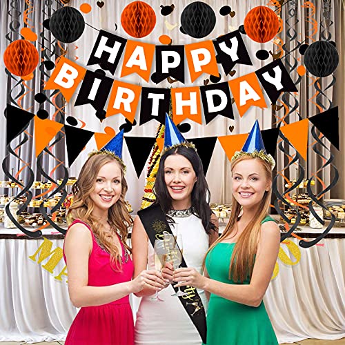 Fecedy Black Orange Happy Birthday Banner Paper Triangle Flag Bunting Circle Confetti Dots Hanging Garland and Honeycomb Ball Swirl Streamers for Birthday Baby Shower Halloween Party Decoration - Image 5