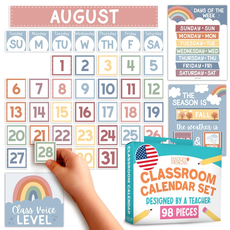 Hadley Designs Classroom Calendar Set Bulletin Board Decorations - School Calendar for Classroom Elementary, Preschool Must Haves, Homeschool & Daycare Essentials, Boho Teacher Calendars - Image 1