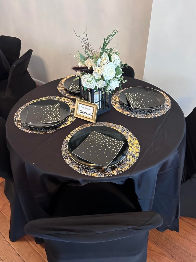 YLUSUJAKX Black and Gold Placemats Set of 100 Disposable Gold Doilies Charger Round Metallic Glitter Foil Pressed Dining Table Decoration Centerpieces for Party Wedding Birthday - Image 5