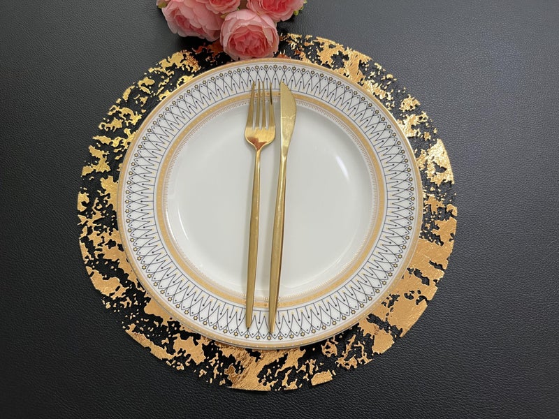YLUSUJAKX Black and Gold Placemats Set of 100 Disposable Gold Doilies Charger Round Metallic Glitter Foil Pressed Dining Table Decoration Centerpieces for Party Wedding Birthday - Image 2