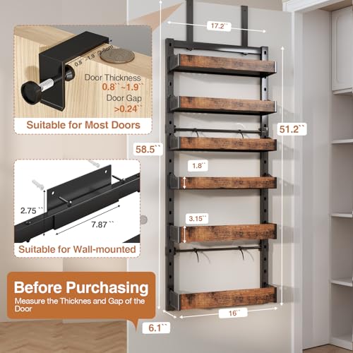 DAOTENGQL 6-Tier Over The Door Pantry Organizer, Heavy-Duty Metal Wall Mount or Hanging Spice Rack, behind the door storage Shelves with Adjustable Basket, Back of Door Organizer for Kitchen Cabinet and Closet - Image 2