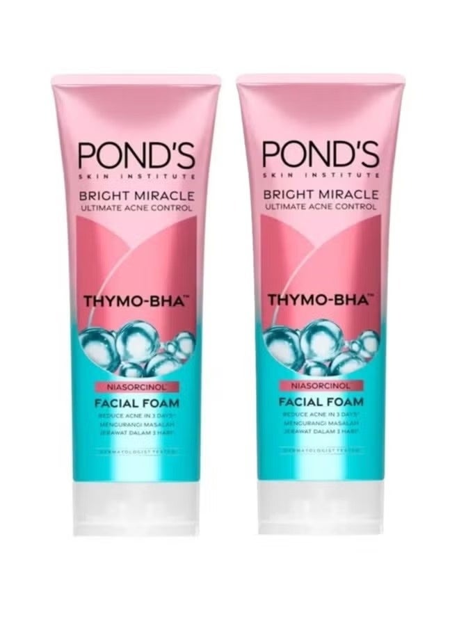 Pond's Bright Miracle Ultimate Acne Control Thymo-BHA Niasorcinol Facial Foam 100g Pack of 2 | Latest & Upgraded Formula | Gently Deep Cleanse & Reduce Acne in 3 Days | Brightening & Oil Control - Image 1