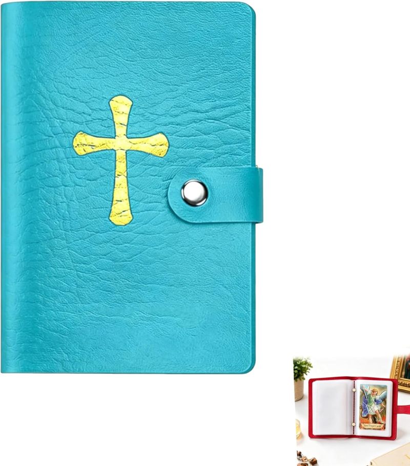 Genuine Leather Holy Card Holder: Blue, Secure Snap Closure - Compact Portable Design Religious Card Holder for Travel, Home Altar, Communion & Confirmation Gift Recipients