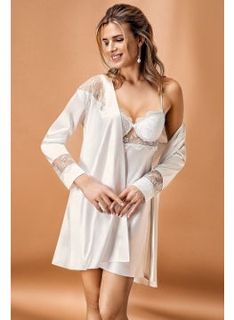 Nurteks 5384 Women's Satin Thread Strap Cup Nightgown Dressing Gown Set-Ecru 
