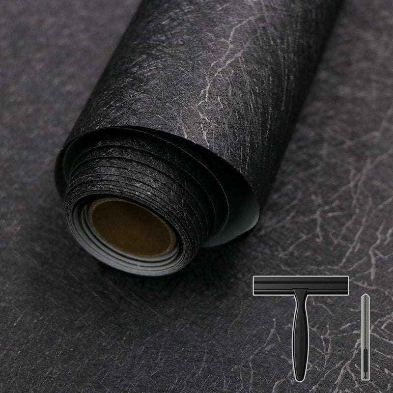 Abyssaly Black Silk Wallpaper Peel and Stick Embossed Self Adhesive Contact Paper 15.7" x 118" Removable Waterproof Kitchen Vinyl Wrap Cabinet Textured Renter Friendly Wall Cover with Scraper, Paper Cutter - Image 1