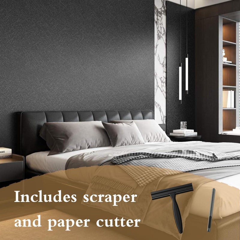 Abyssaly Black Silk Wallpaper Peel and Stick Embossed Self Adhesive Contact Paper 15.7" x 118" Removable Waterproof Kitchen Vinyl Wrap Cabinet Textured Renter Friendly Wall Cover with Scraper, Paper Cutter - Image 3