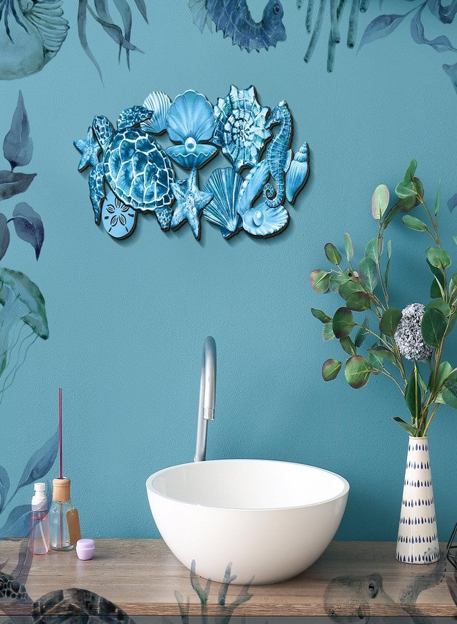 Qunclay Summer Ocean Themed Wall Decorations Sea Horse Shell Coastal Wood Sea Turtle Starfish Ocean Voyage Wall Hanging Decor for Home Pool Living Room Bedroom Outdoor Art, 15.8 Inch - Image 4