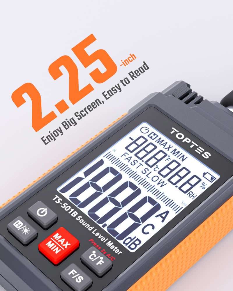 TOPTES Decibel Meter, TopTes TS-501B Sound Level Meter with 2.25” Backlit LCD Screen, Portable SPL Tester with A/C Weighted, Range 30-130dB, MAX/MIN, Data Hold, Use for Home, Noisy Neighbor, Factory - Orange - Image 3
