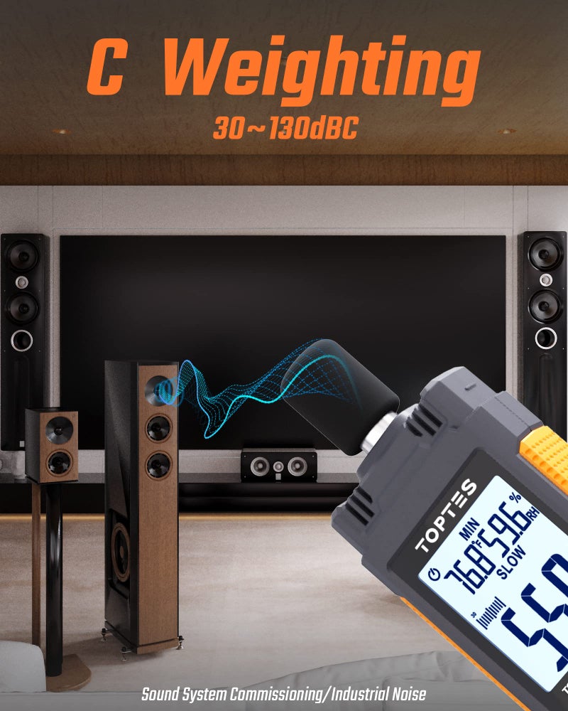 TOPTES Decibel Meter, TopTes TS-501B Sound Level Meter with 2.25” Backlit LCD Screen, Portable SPL Tester with A/C Weighted, Range 30-130dB, MAX/MIN, Data Hold, Use for Home, Noisy Neighbor, Factory - Orange - Image 2