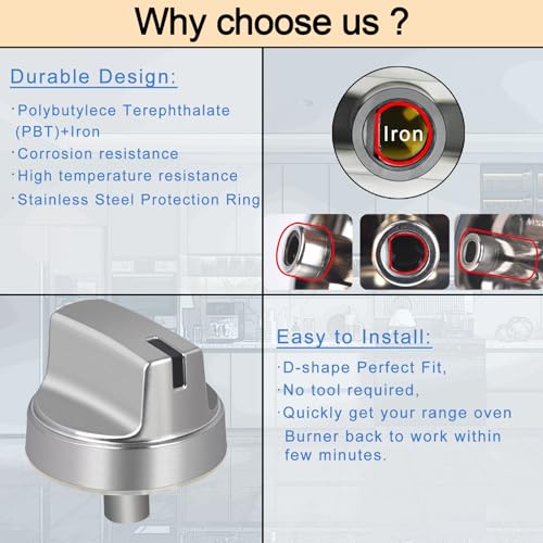 TURNEGOO Upgrade WB03X29354 Stove Knobs Replacements, Reinforced Stainless Steel Protection Ring, Only Compatible with General Electric GE Gas Range/Oven/Stove Knobs (5 Pieces) - Image 3