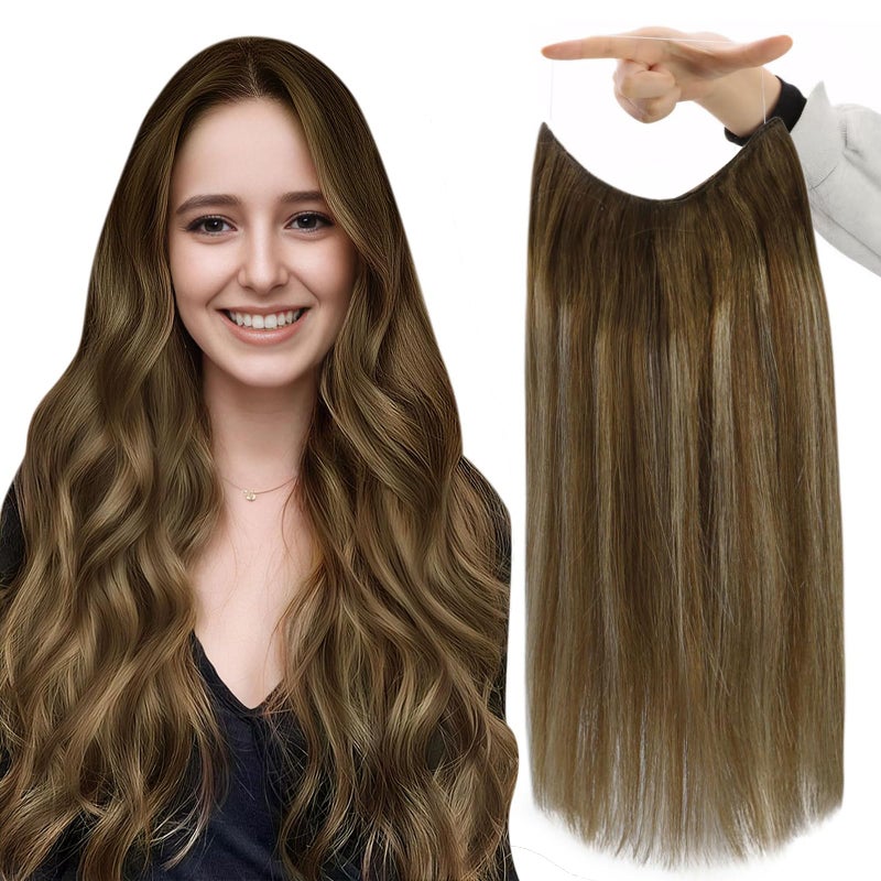 Fshine Wire Extensions Human Hair Balayage Brown to Caramel Blonde Mix Medium Brown Hidden Wire Hair Extensions 16 Inch Fish Line Real Human Hair One Piece Clip in 80 G