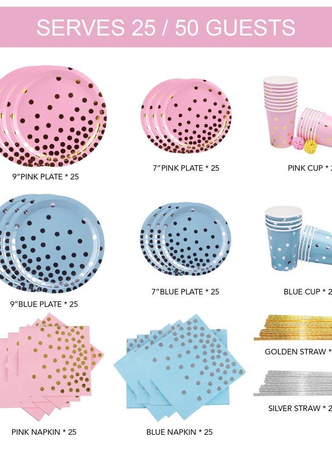 Ottin 250PCS Blue and Pink Party Gender Reveal Supplies for 50 Guests Assroted Disposable Paper Plates and Napkins Set Include Dessert/Dinner Plates Cups Napkins Straws for Graduation Wedding - Image 2