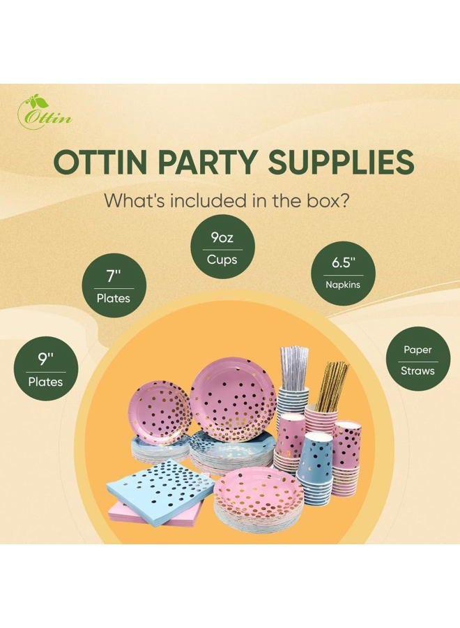Ottin 250PCS Blue and Pink Party Gender Reveal Supplies for 50 Guests Assroted Disposable Paper Plates and Napkins Set Include Dessert/Dinner Plates Cups Napkins Straws for Graduation Wedding - Image 3