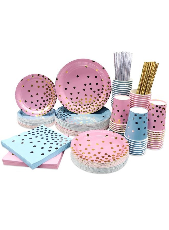 Ottin 250PCS Blue and Pink Party Gender Reveal Supplies for 50 Guests Assroted Disposable Paper Plates and Napkins Set Include Dessert/Dinner Plates Cups Napkins Straws for Graduation Wedding - Image 1