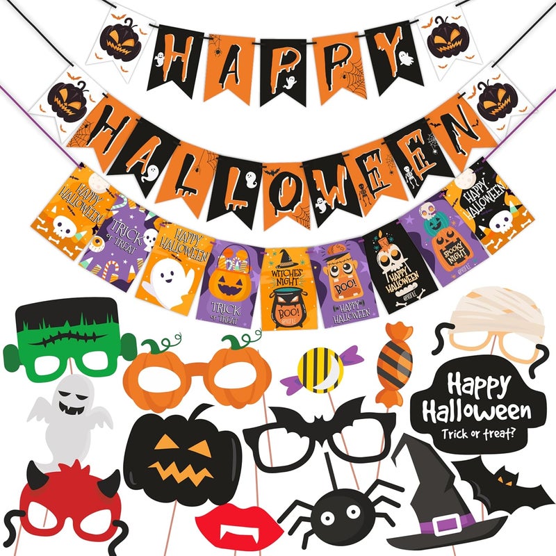 WOBBOX Halloween Party Prop Photo Booth Props DIY Kit with Bunting Banner for Party Supplies Featuring Boo Pumpkin Ghost Halloween Decorations Photo Booth Props (Combo YS) - Image 1