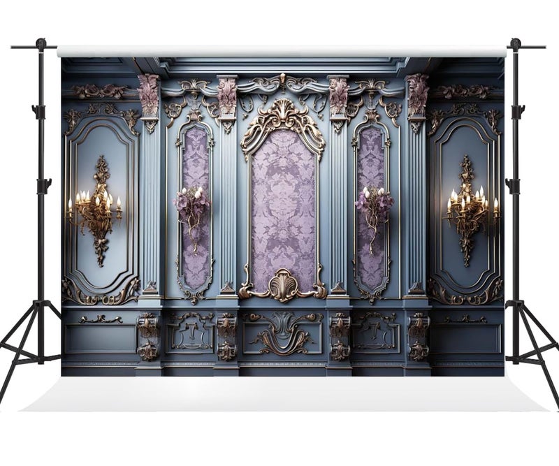 Kate 7Ã—5ft European Style Retro Castle Wall Decoration Backdrop Photography Indoor Purple and Blue Classic Gypsum Pattern Background Photography Studio Props for Portrait Pictures and Videos - Image 1