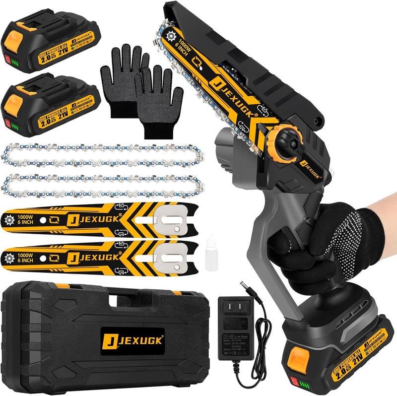 JEXUGK 6" Mini Chainsaw Cordless,2 x 2.0Ah Battery Brushless Electric Chain Saw Tool-free Installation with 2 Chains & Guide Plates,Portable Handheld Motosierra for Tree Pruning Wood Cutting - Image 1