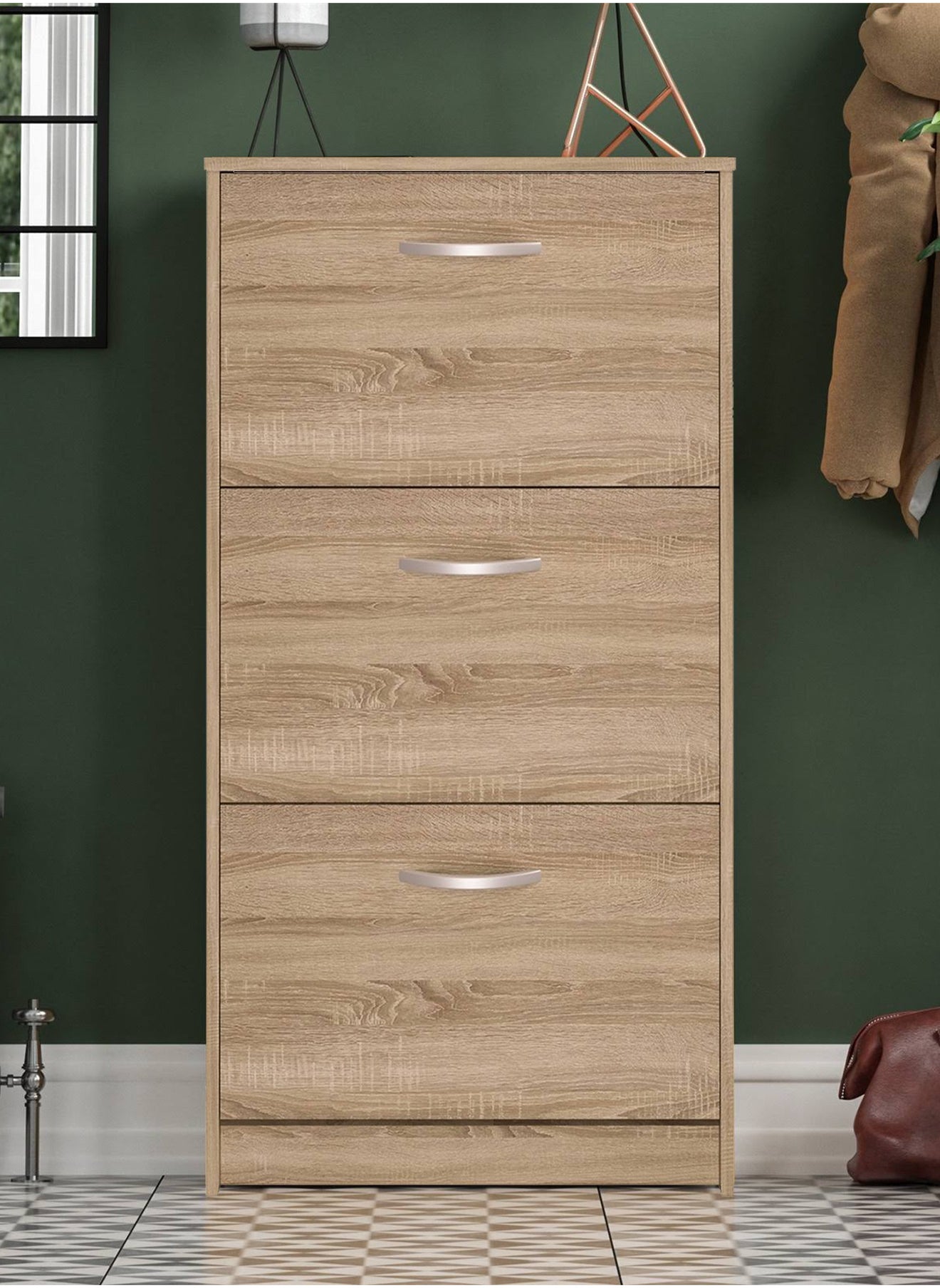 Pull Down Wooden Shoe Cabinet with 3 Drawers Ideal for Hallway Organization and Stylish Shoe Storage 