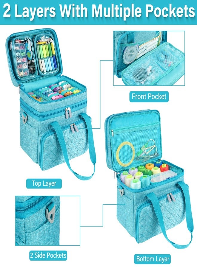 MRINCA Sewing Accessories Organizer Case with Shoulder Strap,Double Layer Sewing Storage Bag with 2 Detachable Pouches for Sewing Accessories and Supplies,Large Travel Sewing Box for Sewing kit Tools,Blue - Image 2