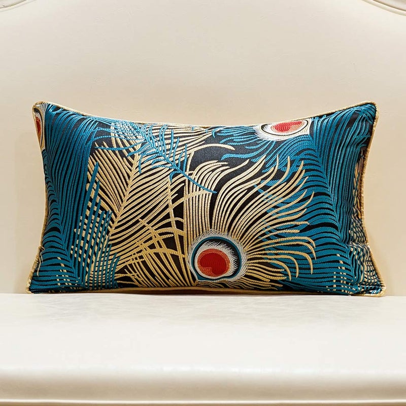 Avigers 12 x 20 Inches Navy Blue Gold Peacock Feathers Cushion Cases Luxury Throw Pillow Covers Home Decorative Pillows for Couch Sofa Living Room Bedroom Cars 30 x 50cm