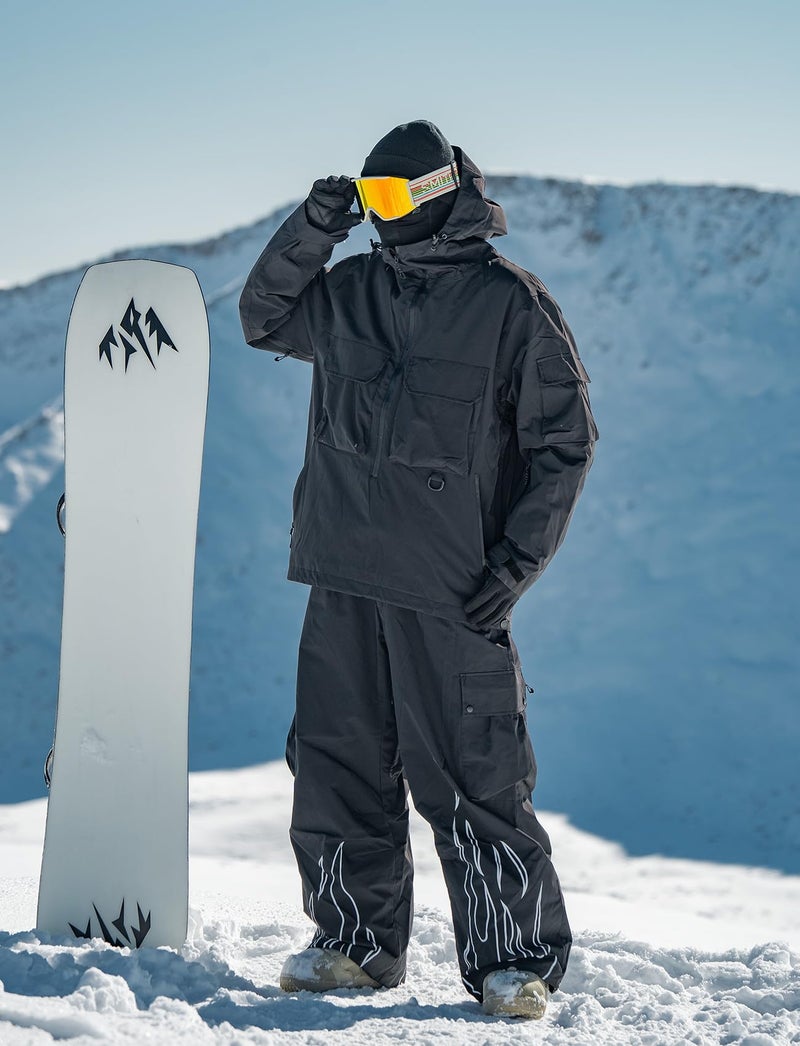 GSOU SNOW Men Baggy Snowboard Pants Women Snow Pants Waterproof Cargo Snowboarding Ski Pants with Reflective Flame Graphic Black - Image 3