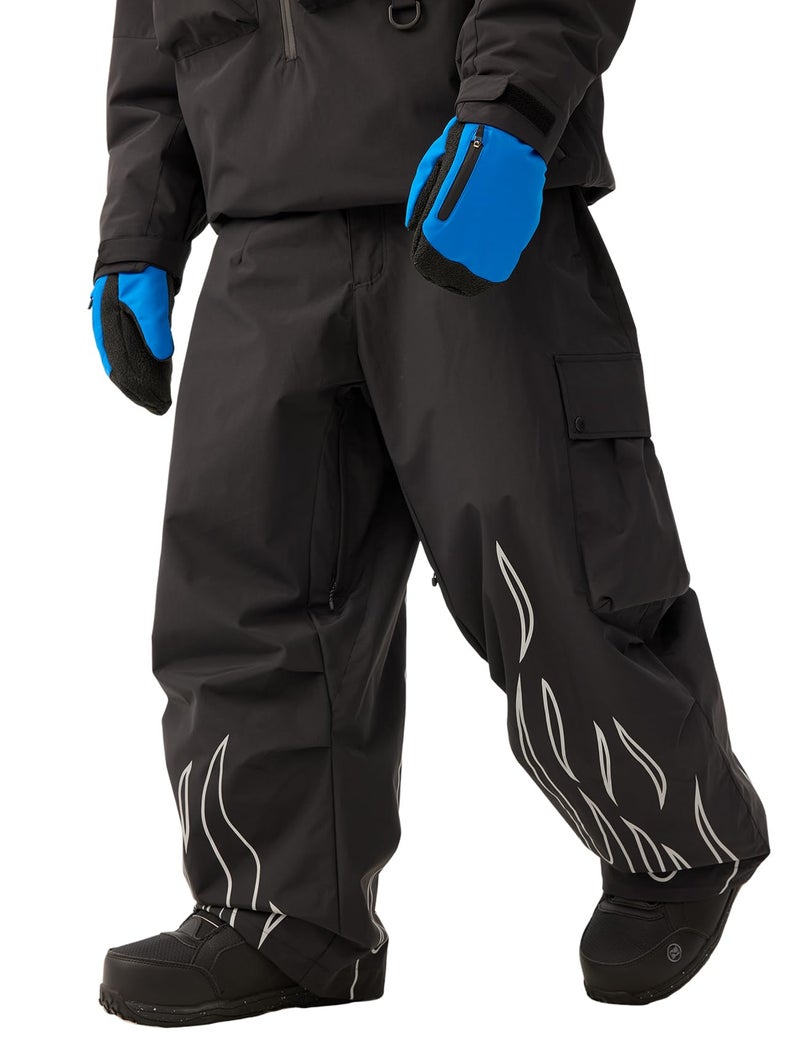 GSOU SNOW Men Baggy Snowboard Pants Women Snow Pants Waterproof Cargo Snowboarding Ski Pants with Reflective Flame Graphic Black - Image 2