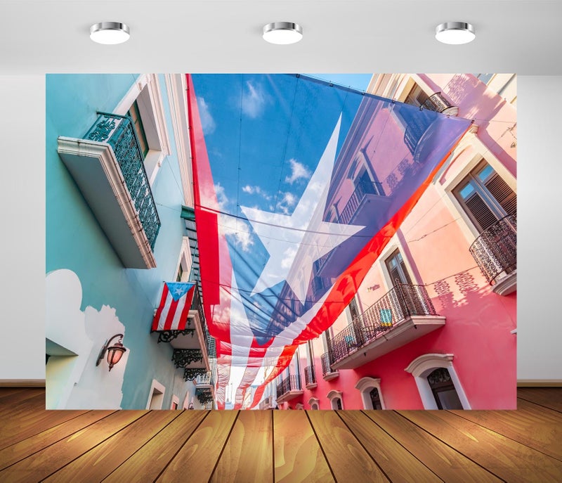BELECO 7x5ft Fabric Puerto Rico Backdrop National Flag Above The San Juan Street Background Puerto Rico Party Decorations Patriotic Banner Photoshoot Booth Studio Props - Image 2