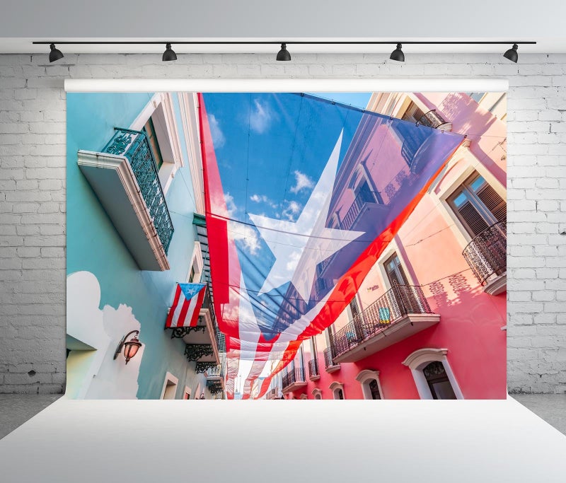 BELECO 7x5ft Fabric Puerto Rico Backdrop National Flag Above The San Juan Street Background Puerto Rico Party Decorations Patriotic Banner Photoshoot Booth Studio Props - Image 3
