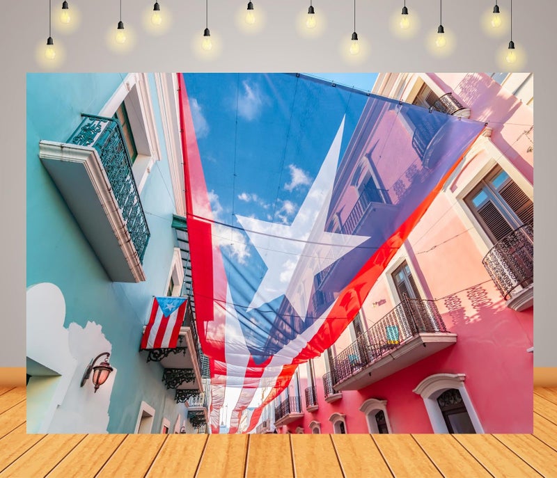 BELECO 7x5ft Fabric Puerto Rico Backdrop National Flag Above The San Juan Street Background Puerto Rico Party Decorations Patriotic Banner Photoshoot Booth Studio Props - Image 1