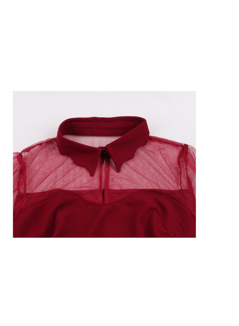 Mesh embroidery flared sleeve patchwork vintage dress - Image 3