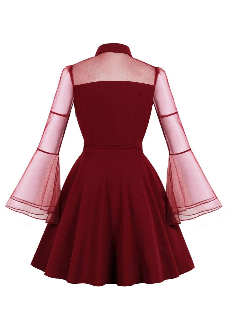 Mesh embroidery flared sleeve patchwork vintage dress - Image 2