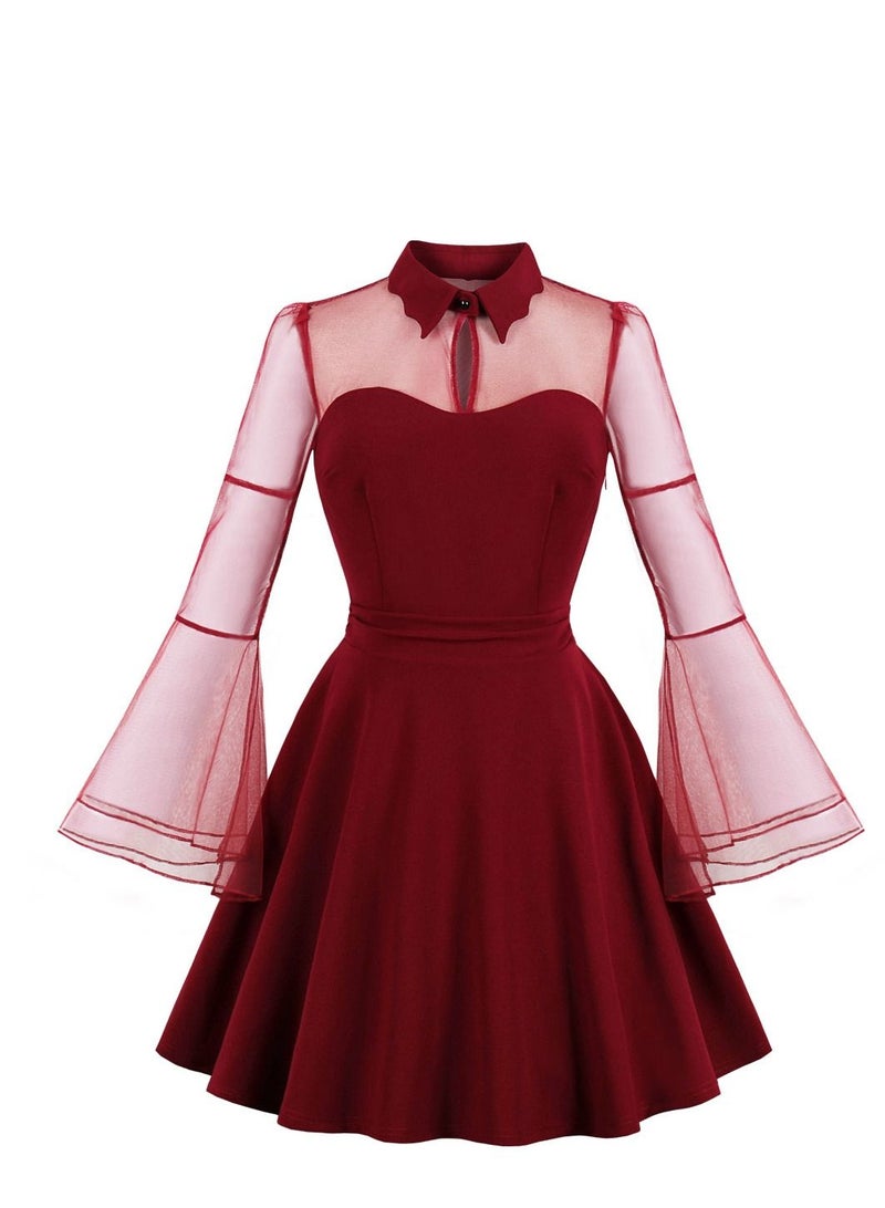 Mesh embroidery flared sleeve patchwork vintage dress - Image 1