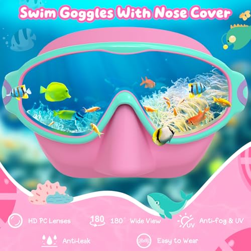 VegoVia 2 Pack Kids Swim Goggles with Nose Cover, Anti-Fog UV Protection Swimming Goggles for Girl and Boy Youth 3-15,Wide View - Image 4