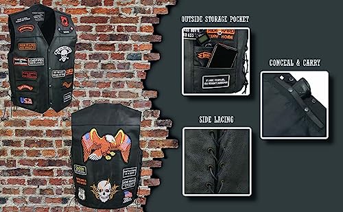 EVENT LEATHER Mens Genuine Motorcycle Leather Patched Biker Vest w6 Pockets and 23 Patches wConceal Carry ELM3920 Medium - Image 3