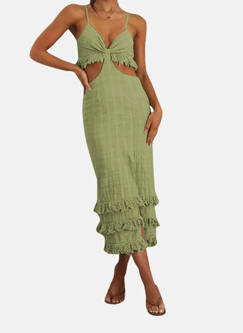يونيكي Green Shoulder Straps Striped Sheath Midi Dress