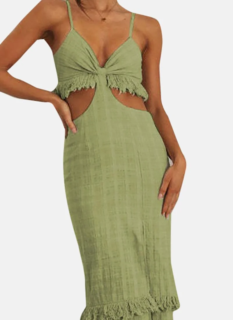 يونيكي Green Shoulder Straps Striped Sheath Midi Dress