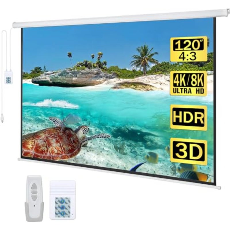 120 Inch Motorized Projector Screen w/Wireless Remote, White, 4:3 Ceiling or Wall Mount, 1.2 Gain, Electric Automatic Retractable, Outdoor Indoor Movies - Image 1
