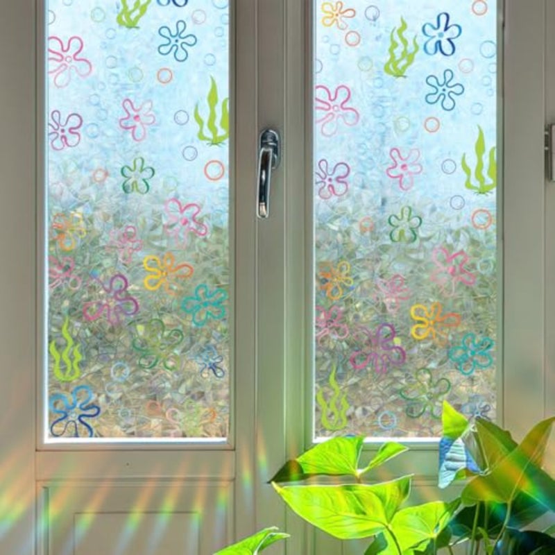 Window Privacy Film Rainbow Flower Bubbles Window Clings 3D Decorative Vinyl Stained Glass Under the Sea Ocean Seaweed Decals Static Sticker Non-Adhesive, 15.75 x 40 inches - Image 4
